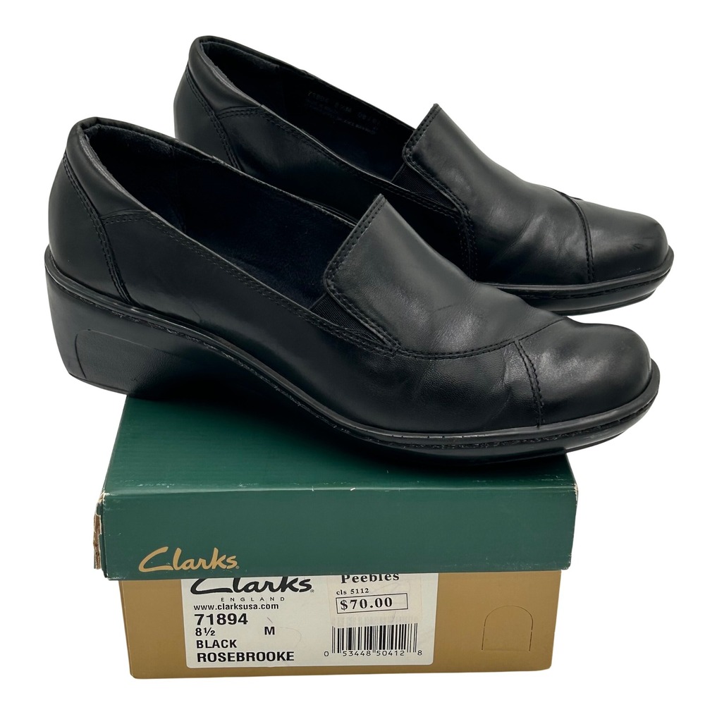 Clarks Rosebrooke Black Leather Loafers Wedge Slip On Shoes 71894 Womens 8.5 M